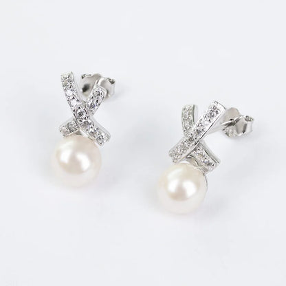 High quality multi cubic zirconia zircon lady woman wedding 925 sterling silver freshwater pearl post stud earrings