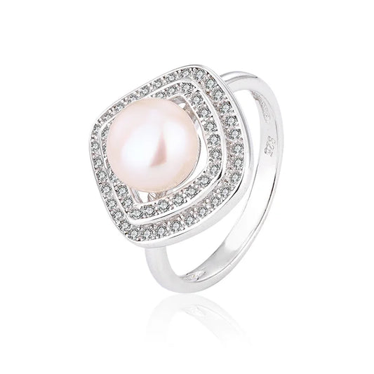 Quadruple Double Row Diamond Set 925 Sterling Silver Cultured Freshwater Pearl Ring