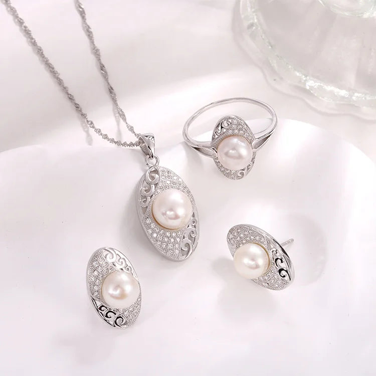 High quality high end 925 sterling silver earrings stud necklace pearl pendant ring set for woman jewelry