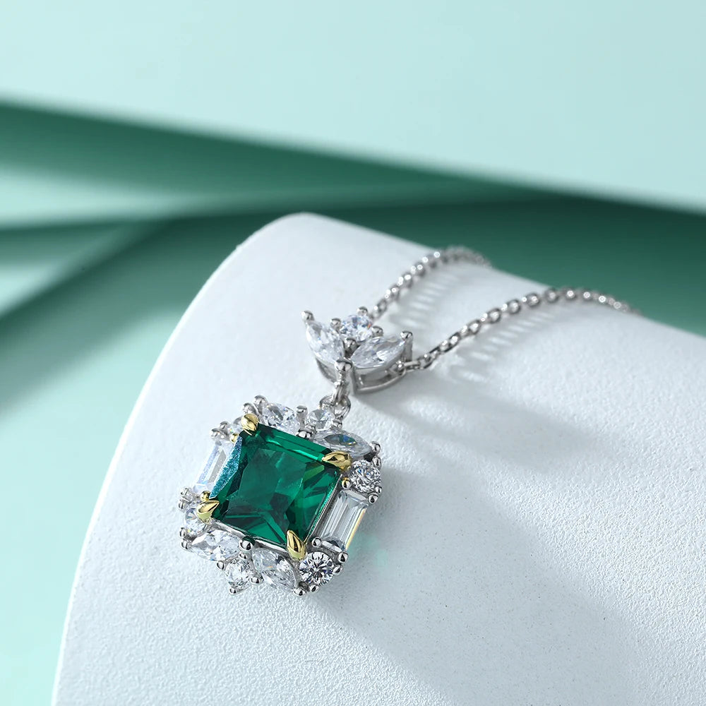 Luxury Emerald Cushion Cut 7*7mm 18k Thick Gold Plated Claw Setting 925 Silver Pendant Necklaces for Party