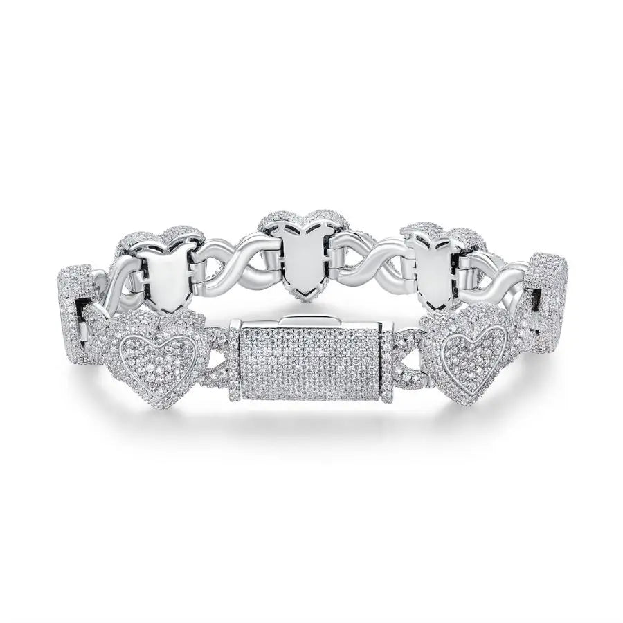 S925 Silver Moissanite Hip Hop Jewelry - Heart Bracelet, Perfect Birthday & Holiday Gift for Him or Her, Ideal for Parties