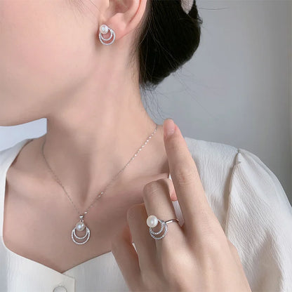 Wholesale fashion silver pearl ring earrings and necklace pendant jewelry set