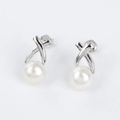 Wholesale jewelry bulk fashion simple interwoven cross shaped 925 sterling silver pearl earrings for women