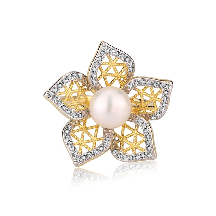 14k 18k Gold plated sterling silver pearl flower wedding engagement ring for ladies women