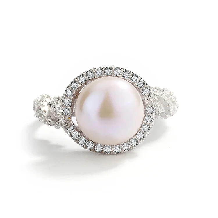 Unique ladies vintage white cultured pearl silver rings with diamonds