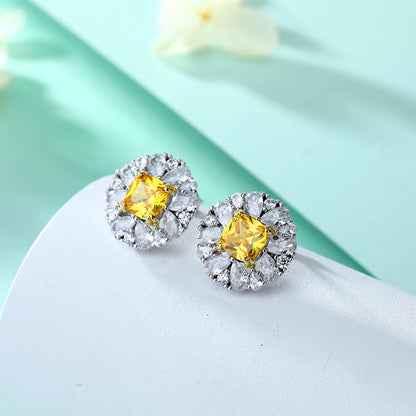 Luxury Fancy Colored Yellow Zirconia Studs Jewelry White Gold Plated Pure Silver Earrings