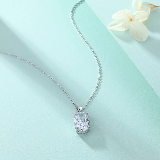 Classic Oval Cut 9*13mm Cubic Zirconia Gemstone Pendant Prong Setting Real Silver Necklaces for Women