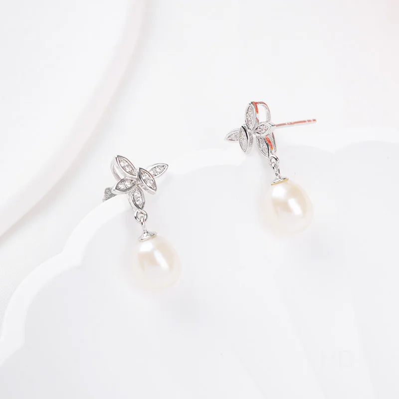 Zirconia fashion statement 925 sterling silver flower freshwater pearl dangle drop earrings with small zircon