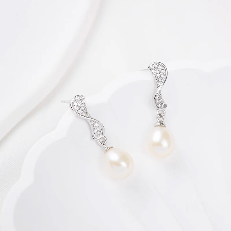 Unique statement crystal diamond setting 925 sterling silver freshwater pearl dangle drop earrings