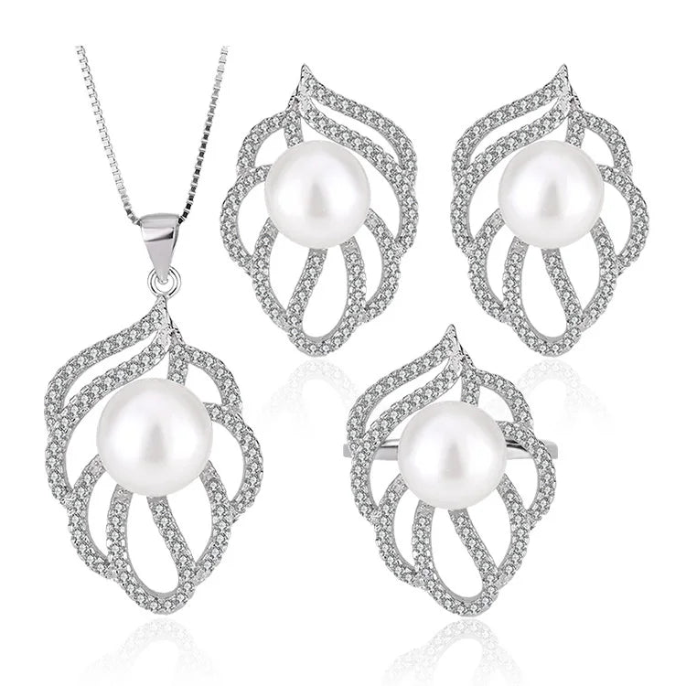 Wedding bridal jewelry sets 925 sterling silver pearl ring pendant necklace and earings set for weddings