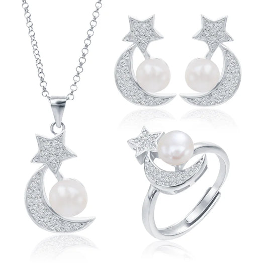 Fashionable 925 silver jewelry set, pearl jewelry, earrings, rings, necklaces, perfect for various occasions such as weddings.