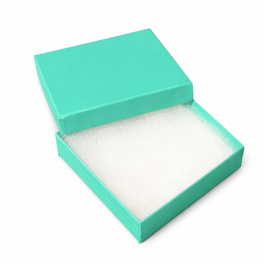 Open t blue matte square earring cotton-filled jewelry box with white protective insert, 100-piece pack