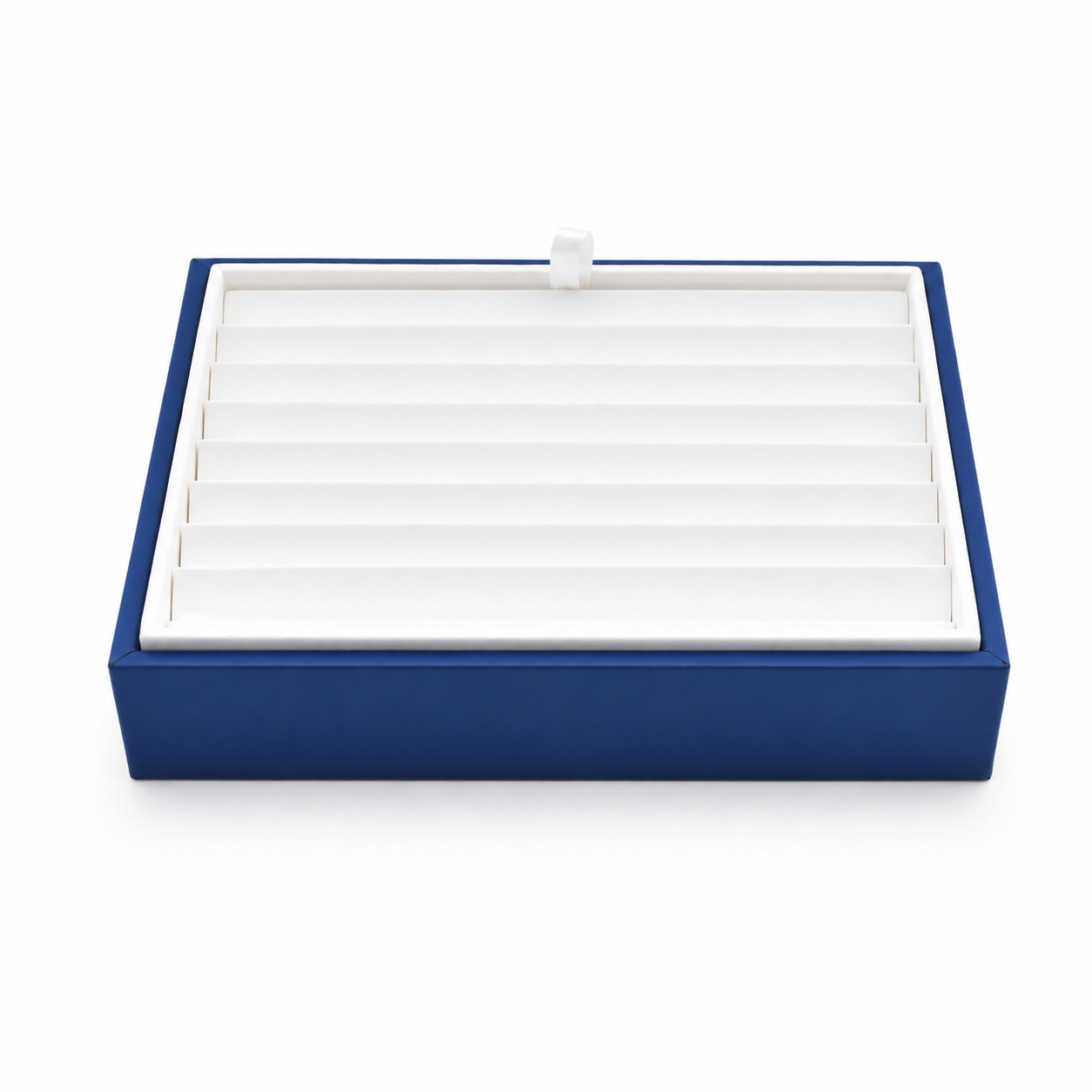 Blue jewelry display box with white rows for bracelets and slim chains