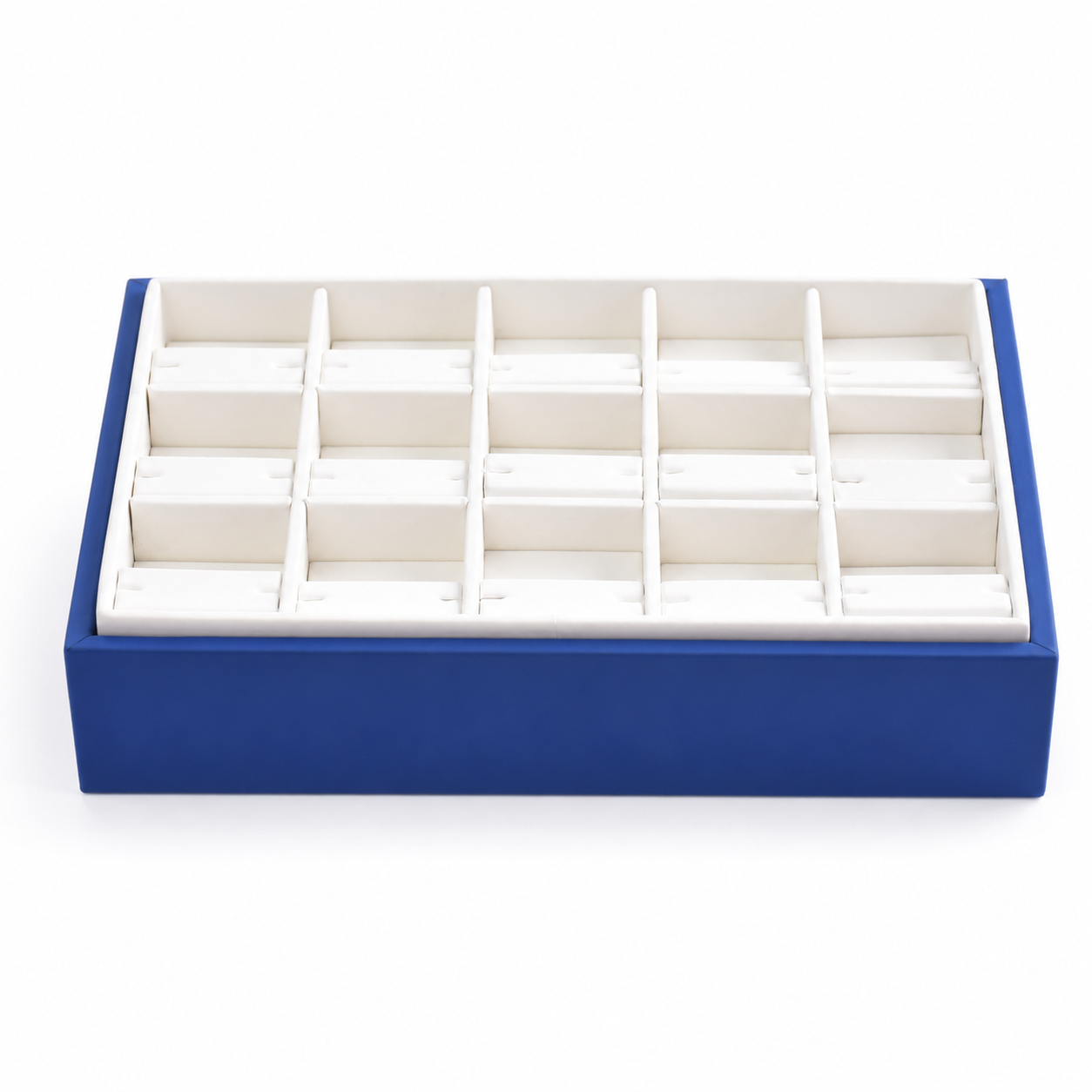 Partitioned blue and white earring tray for organized retail storage