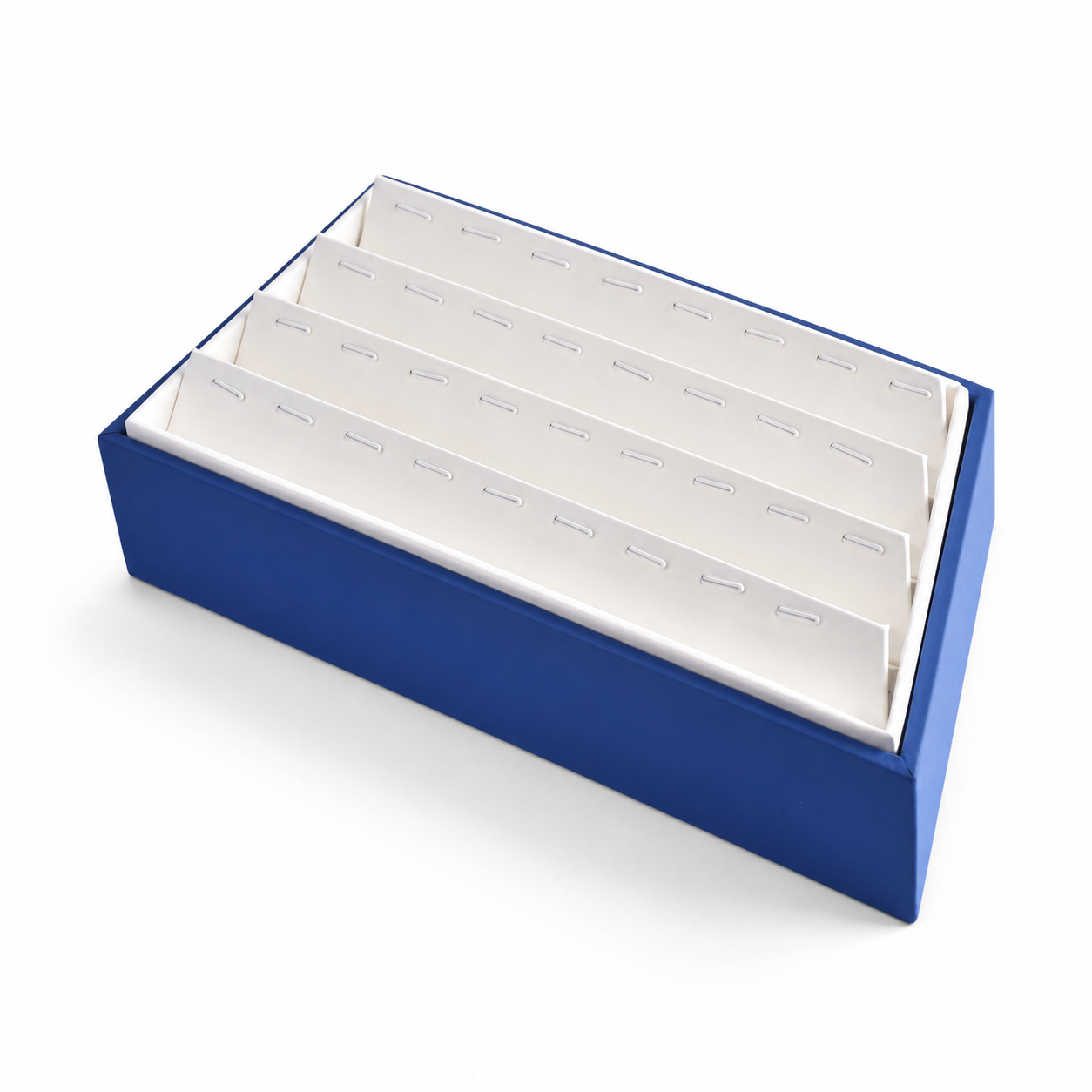 Blue 24-slot pendant organizer tray with tiered white display insert