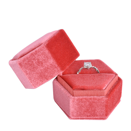 Coral Red Hexagon Ring Velvet Boxes