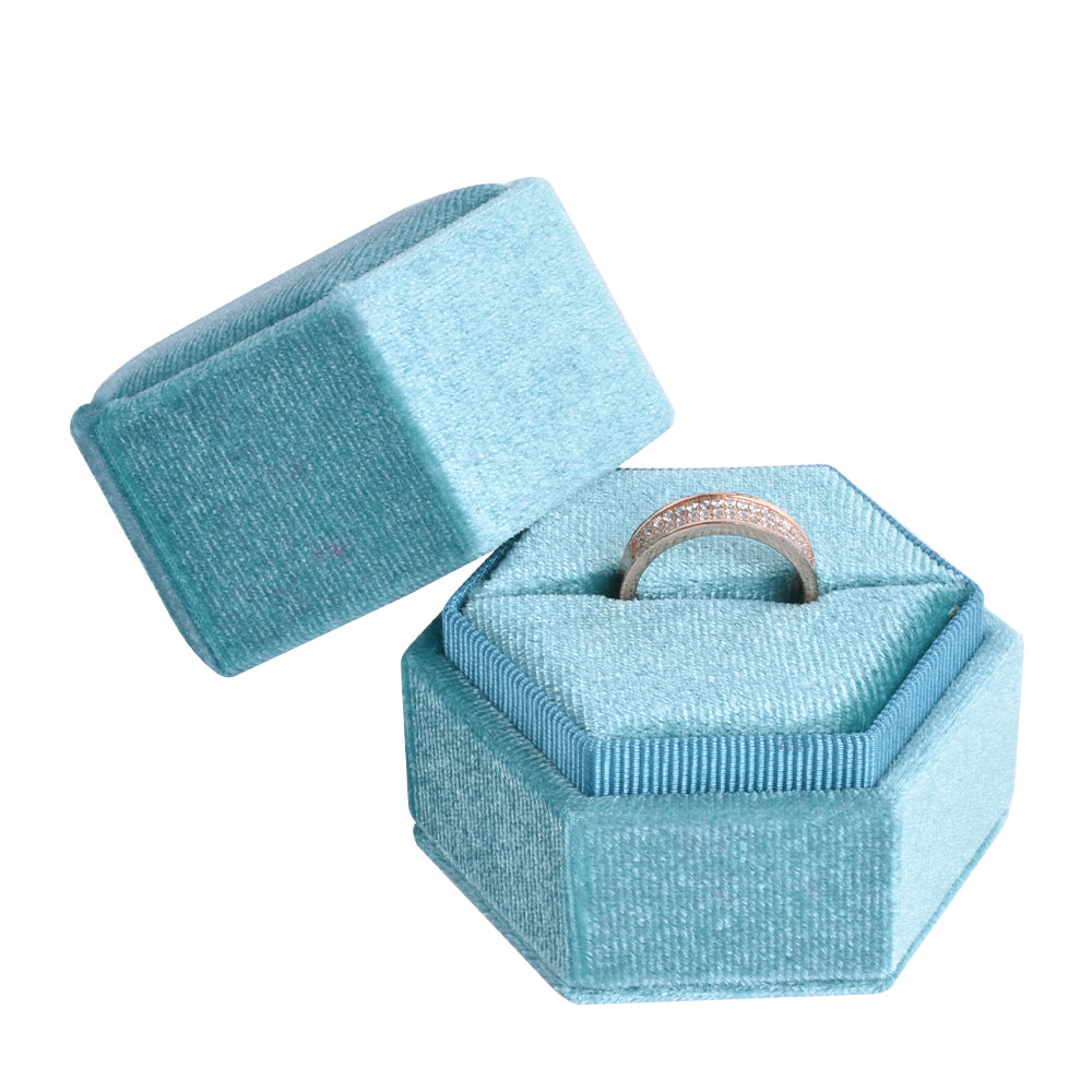 Light Blue Small Hexagonal Ring Velvet Boxes