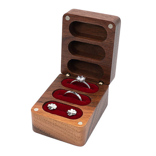 Square three-compartment wooden ring box