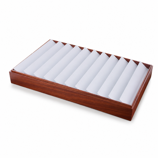 White 11-slot wooden earring display tray with brown wood frame