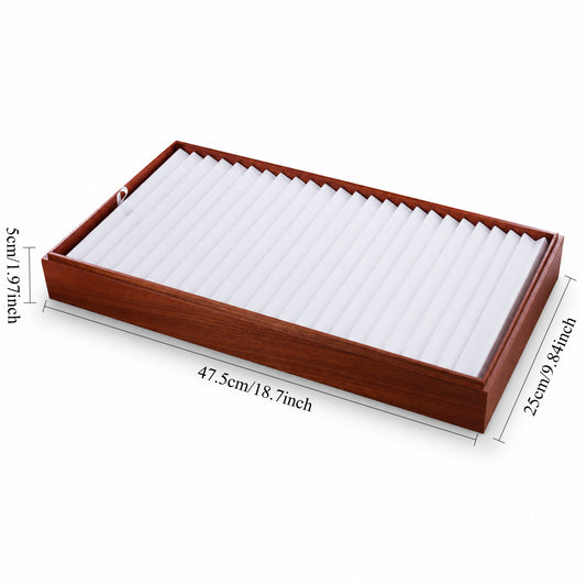 Wood bracelet display tray with white insert measuring 47.5 x 25 x 5 cm