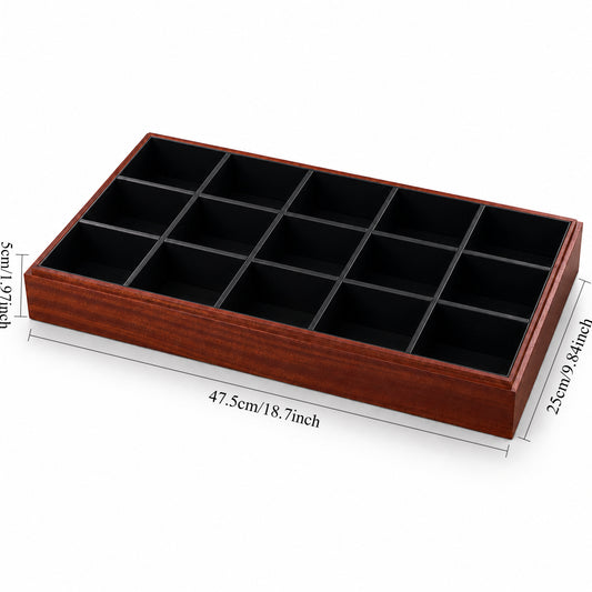 Wooden jewelry tray measuring 47.5 × 25 × 5 cm with black compartments