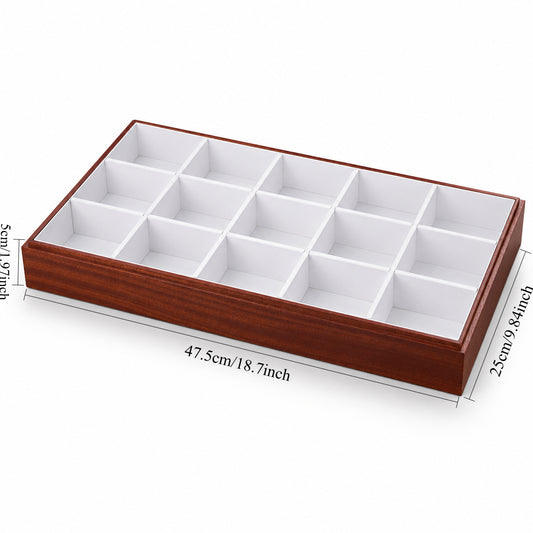 Wood watch tray measuring 47.5 × 25 × 5 cm with white compartments