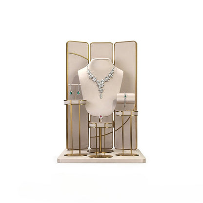 Beige Velvet Jewelry Display Set with Gold Metal Base - Complete Stand for Necklaces, Earrings, Rings & Bracelets