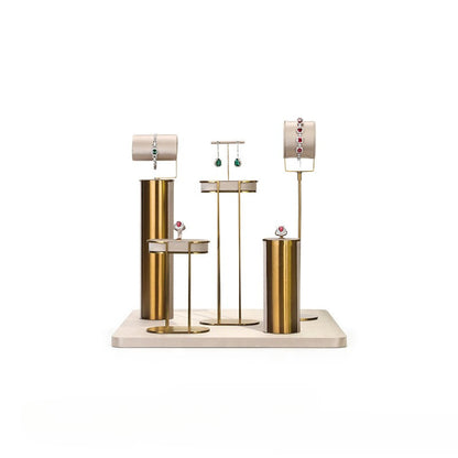 Beige Velvet Jewelry Display Set with Gold Metal Base - Complete Stand for Necklaces, Earrings, Rings & Bracelets