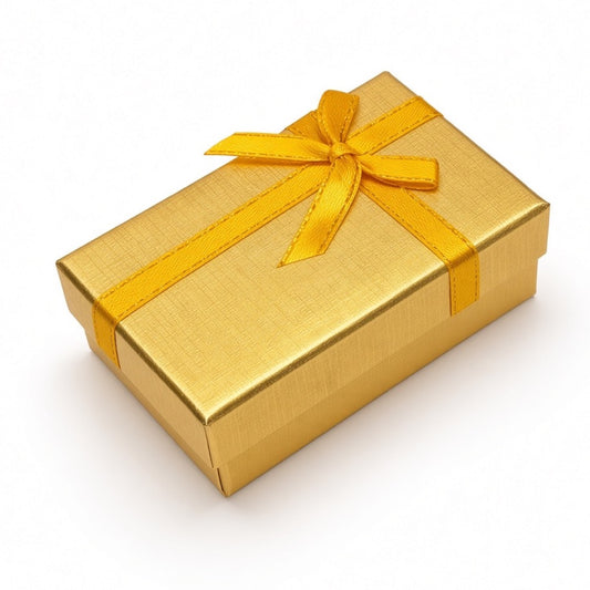 Closed gold B2632 bow jewelry gift box on a pure white background
