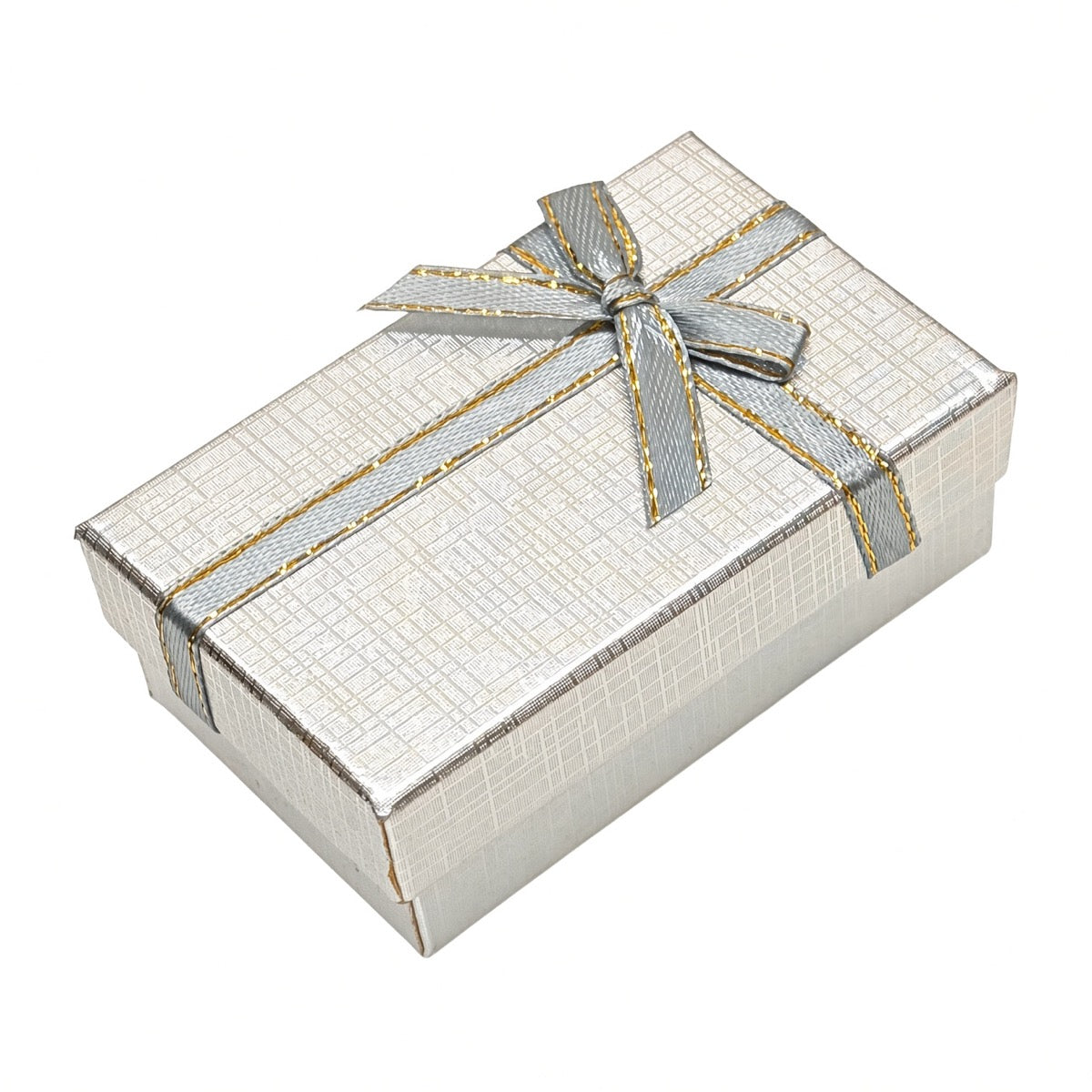 Closed silver B2632 bow jewelry gift box on a pure white background