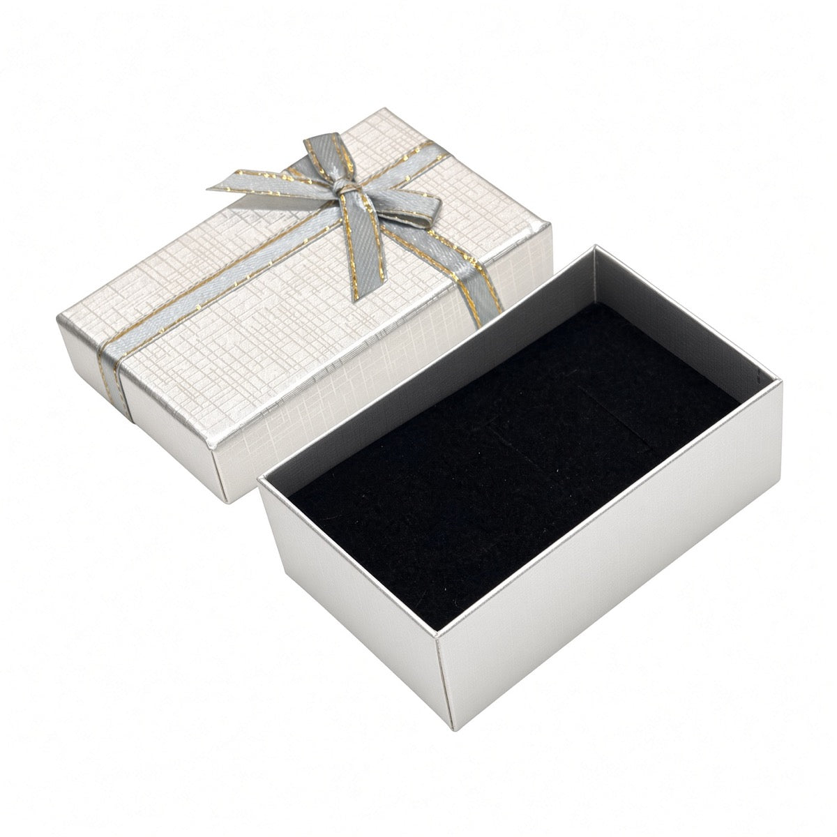 Open silver B2632 bow jewelry gift box with black interior