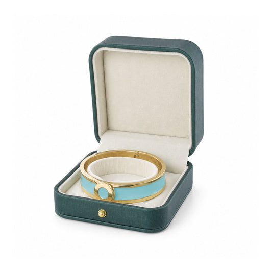 jade green PU bangle box open in a three-quarter view with a rigid bangle.