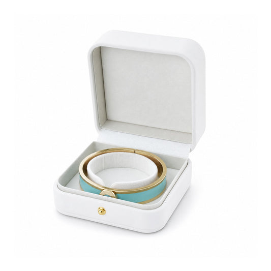 white PU bangle box open in a three-quarter view with a rigid bangle.