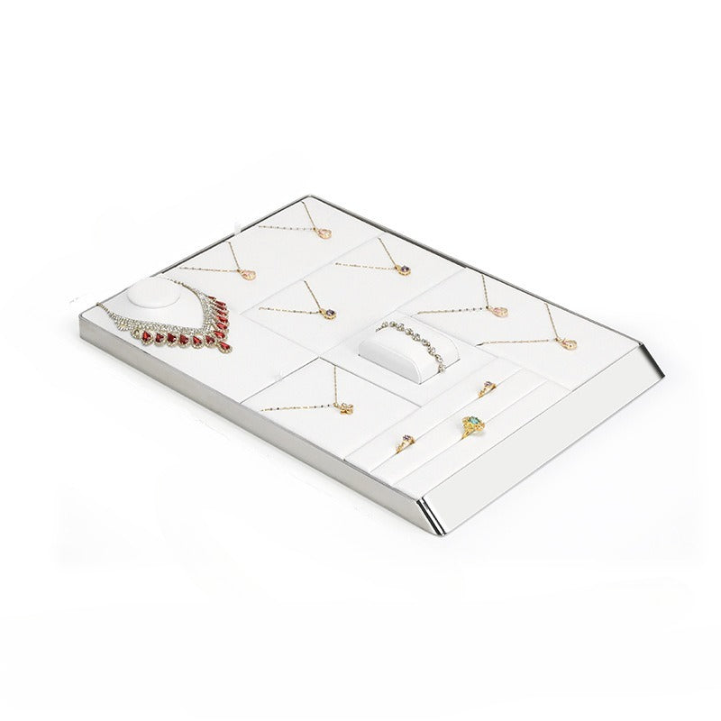 White PU Leather Jewelry Display Tray with Shiny Metal Frame - Modular Counter Organizer for Necklaces, Rings & Earrings