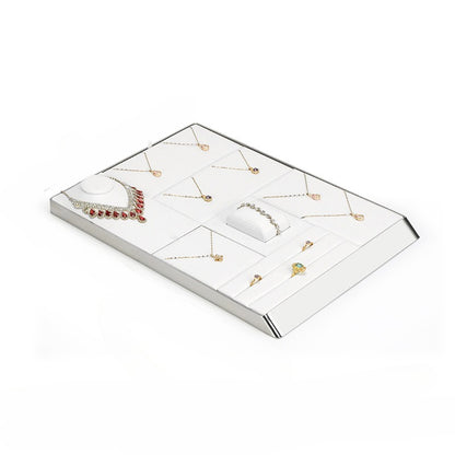White PU Leather Jewelry Display Tray with Shiny Metal Frame - Modular Counter Organizer for Necklaces, Rings & Earrings