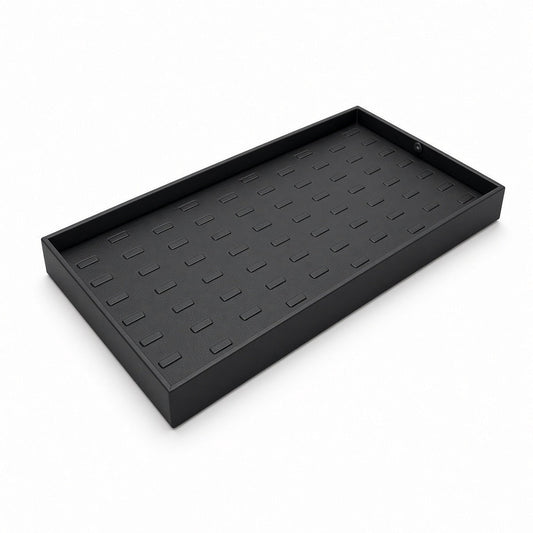 Black 56-slot ring display tray angled view