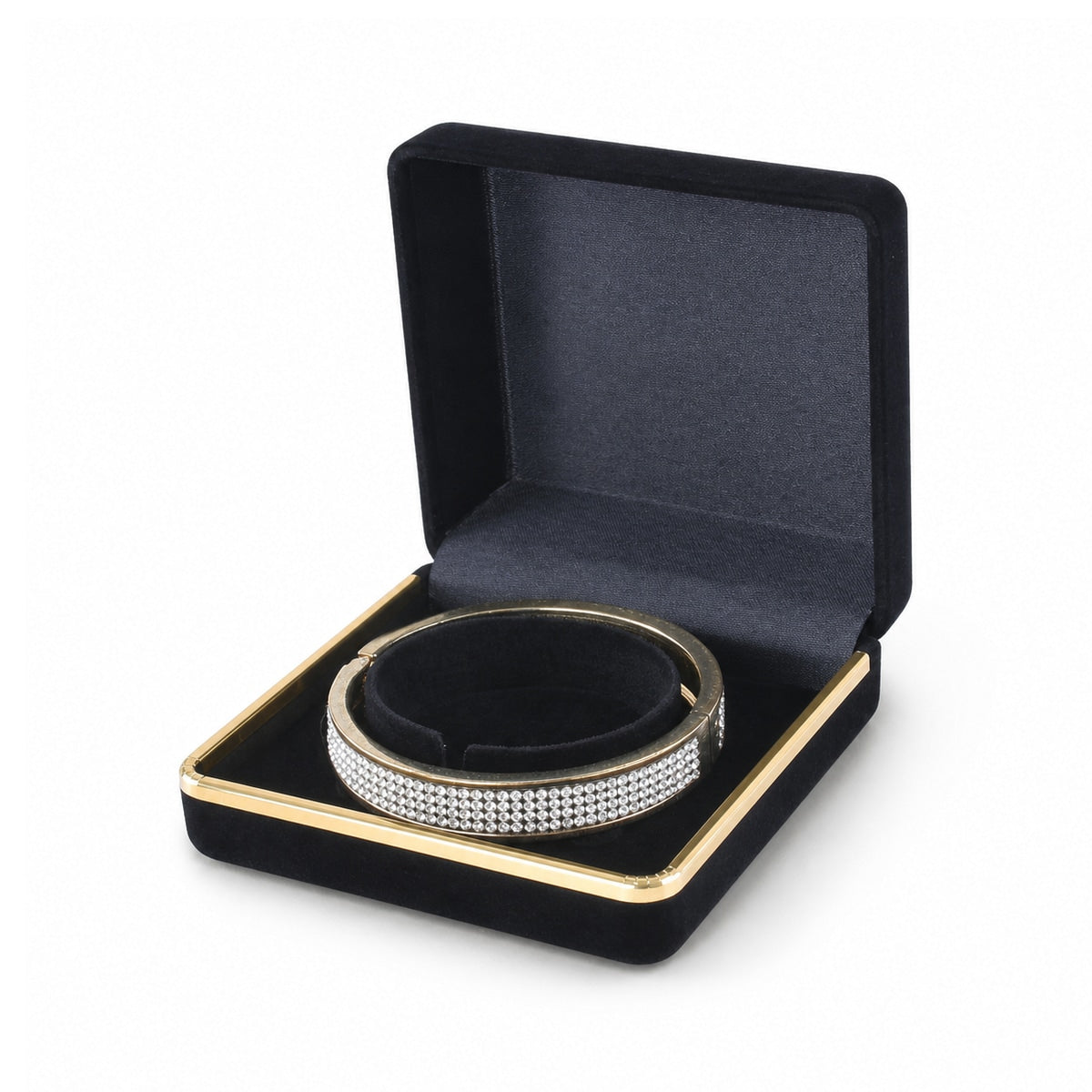 Black Flocked Bangle Boxes with Gold Trim open with bangle, three-quarter view.