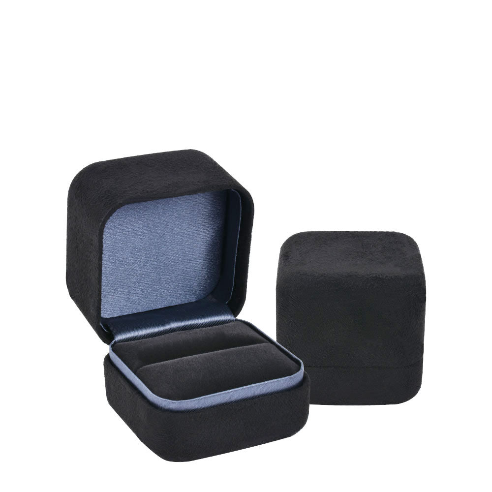 Black metal velvet ring box, open and closed views
