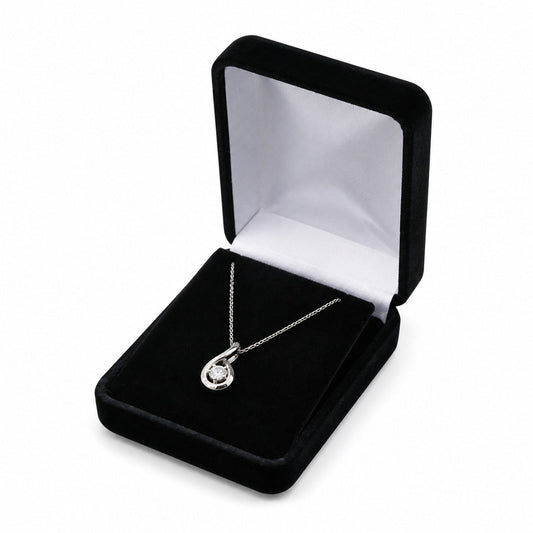 Black Rectangular Velvet Pendant Boxes, one open box displaying jewelry