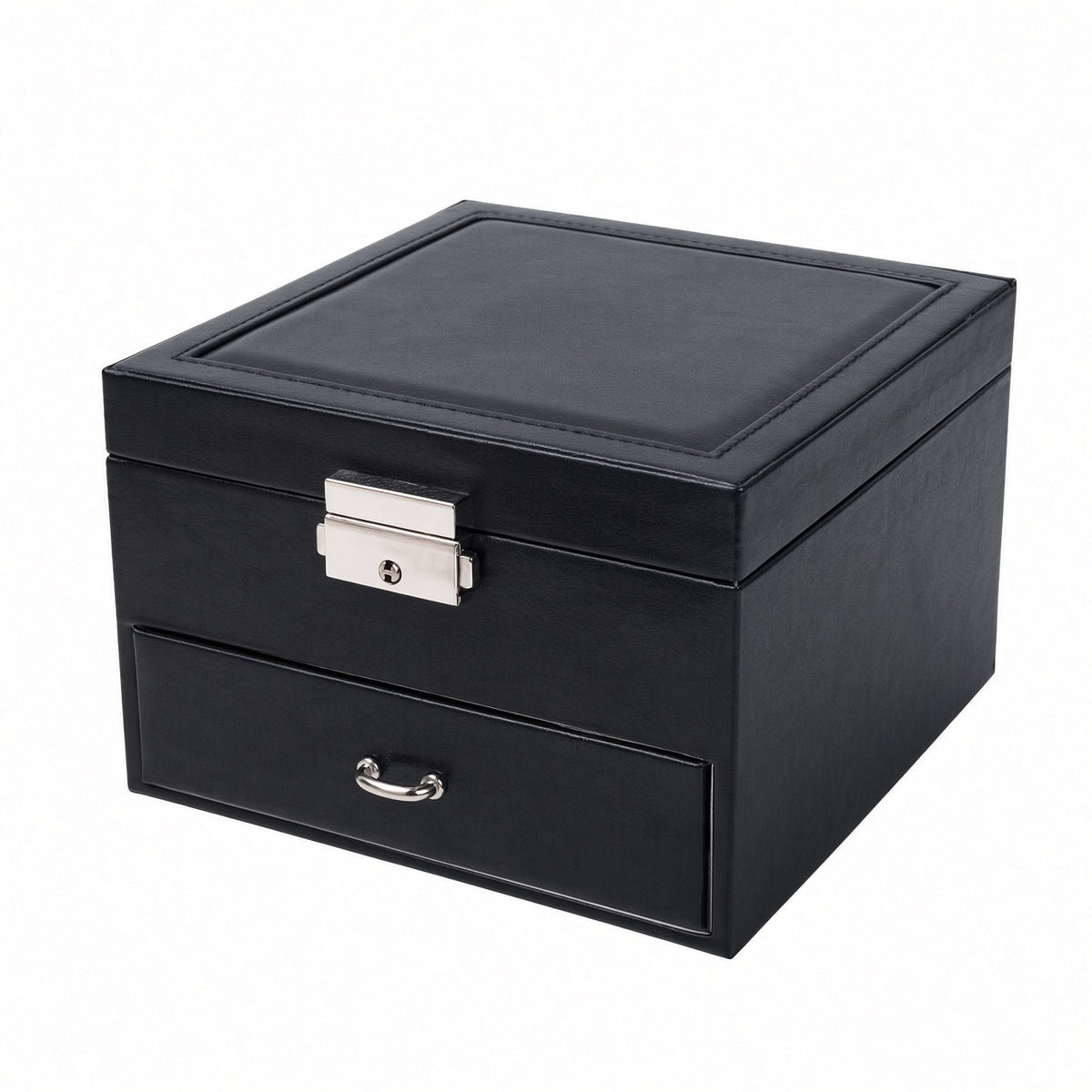 Black square PU storage box with closed lid and curved drawer pull