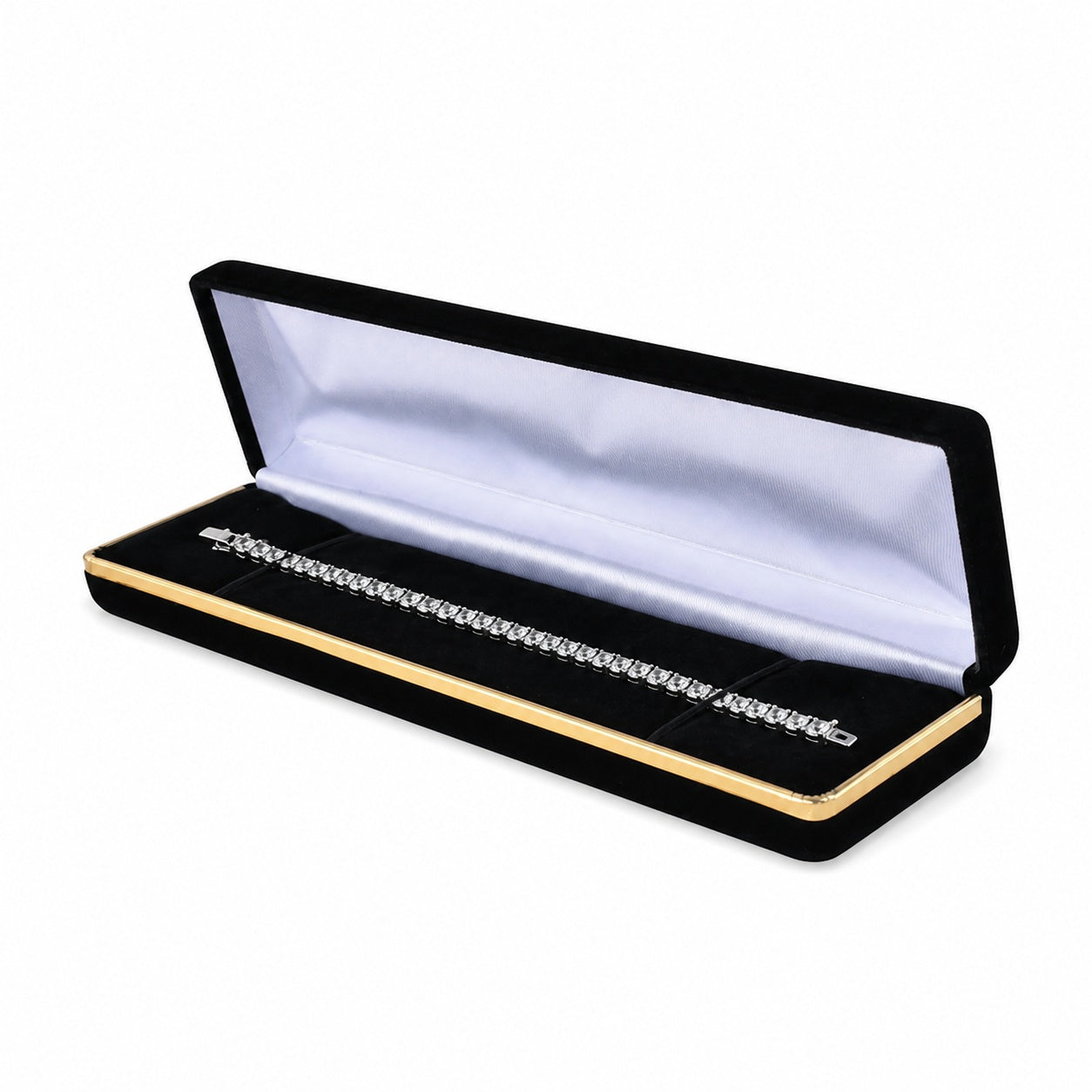 Black Velvet Bracelet Boxes with Gold Trim shown as one open box with jewelry display props