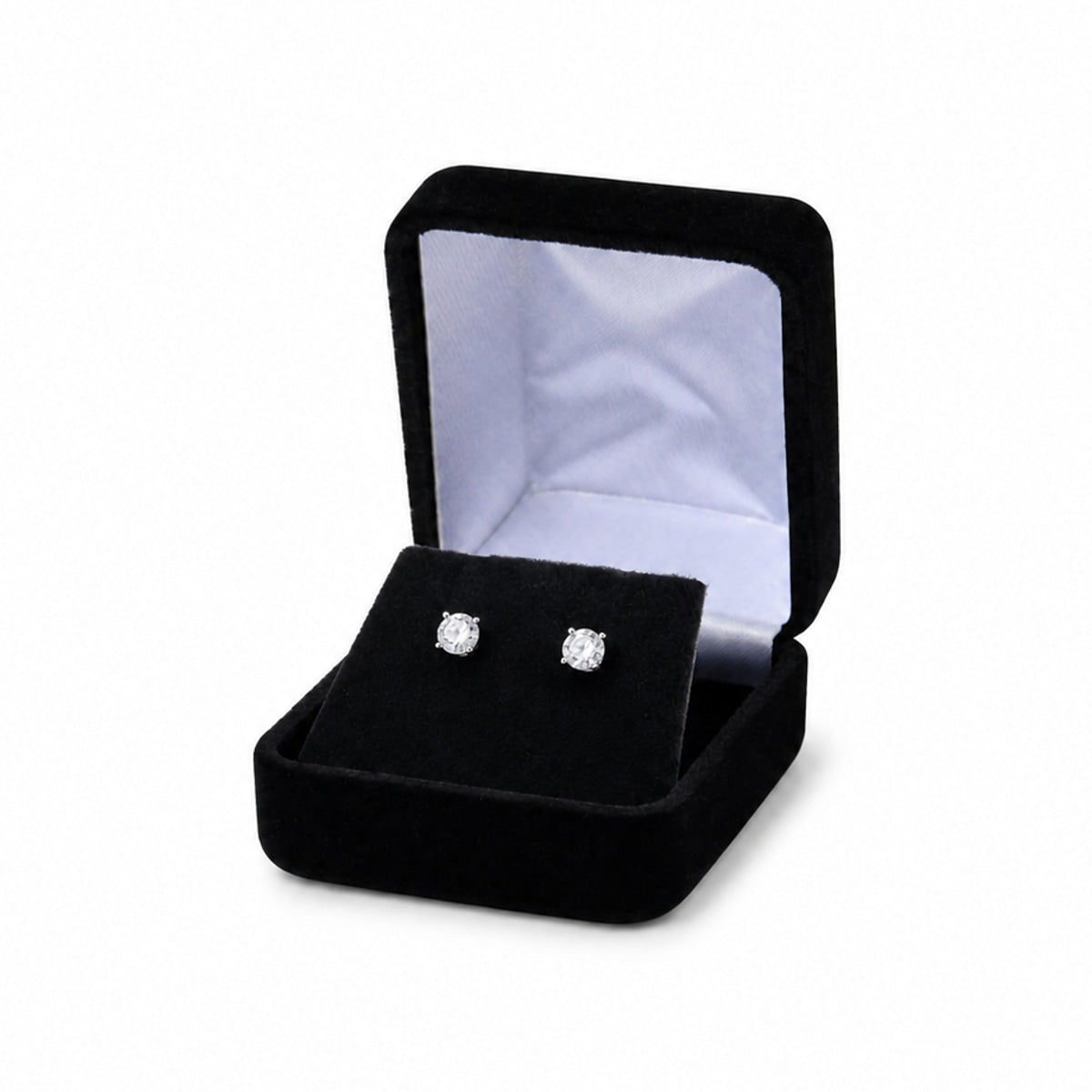 Black Velvet Earring Boxes, one open box displaying jewelry
