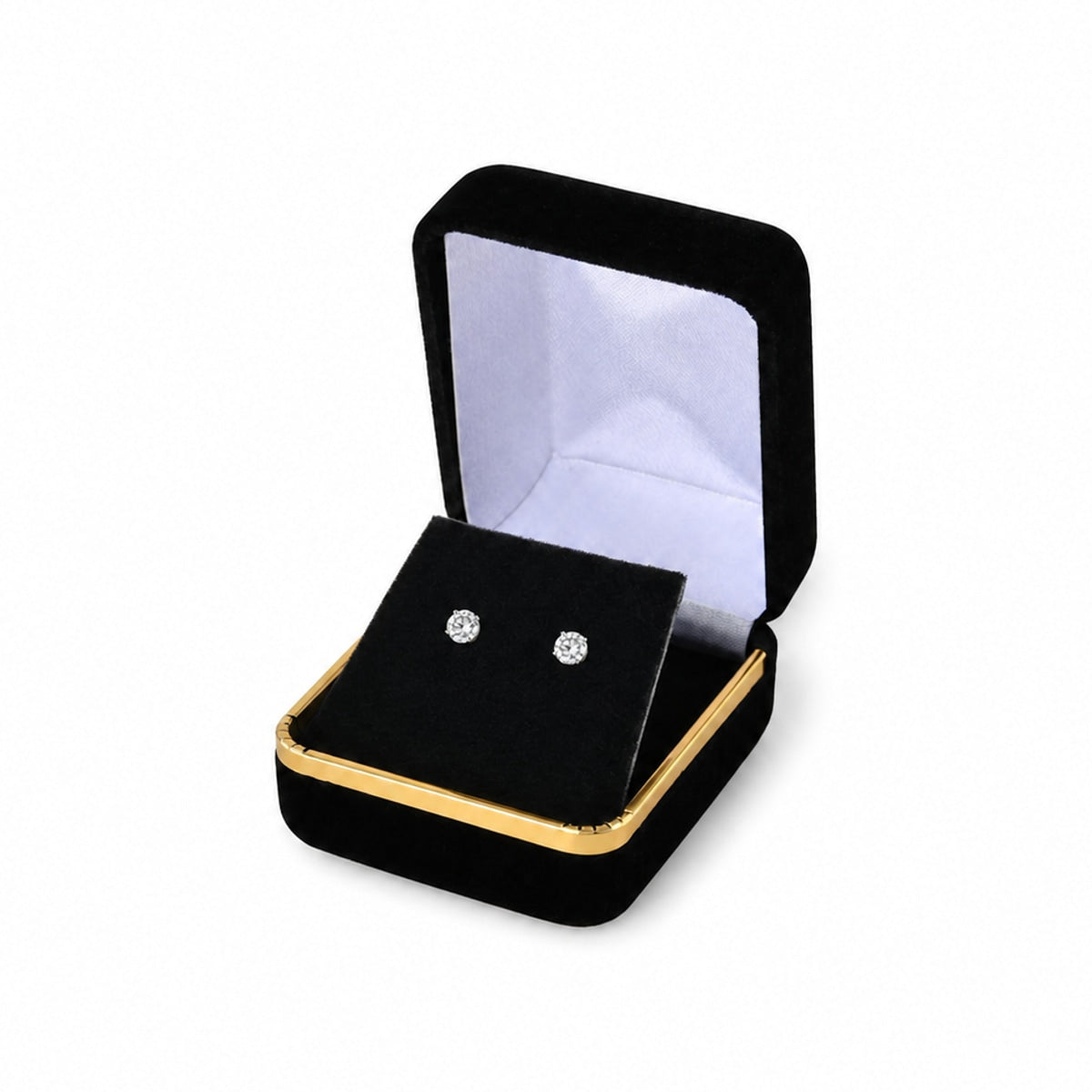 Black Velvet Earring Boxes with Gold Trim, one open box displaying jewelry