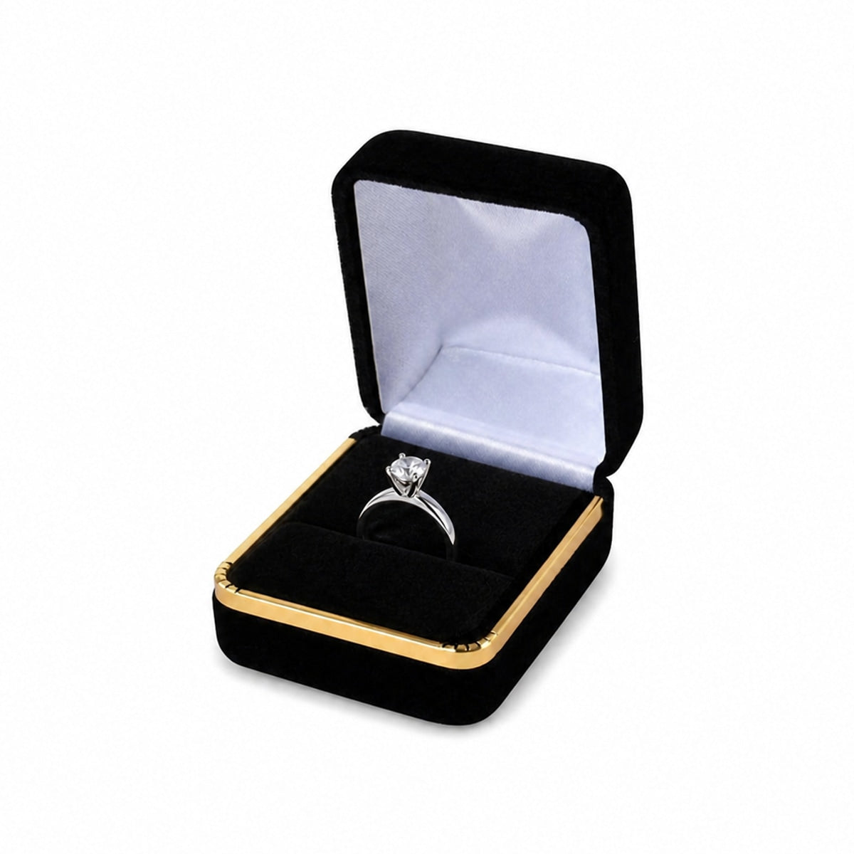 Black Velvet Single Ring Boxes with Gold Trim, one open box displaying jewelry