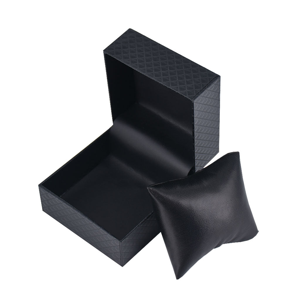 Single watch or bracelet storage case with a patterned black exterior and padded interior holder.