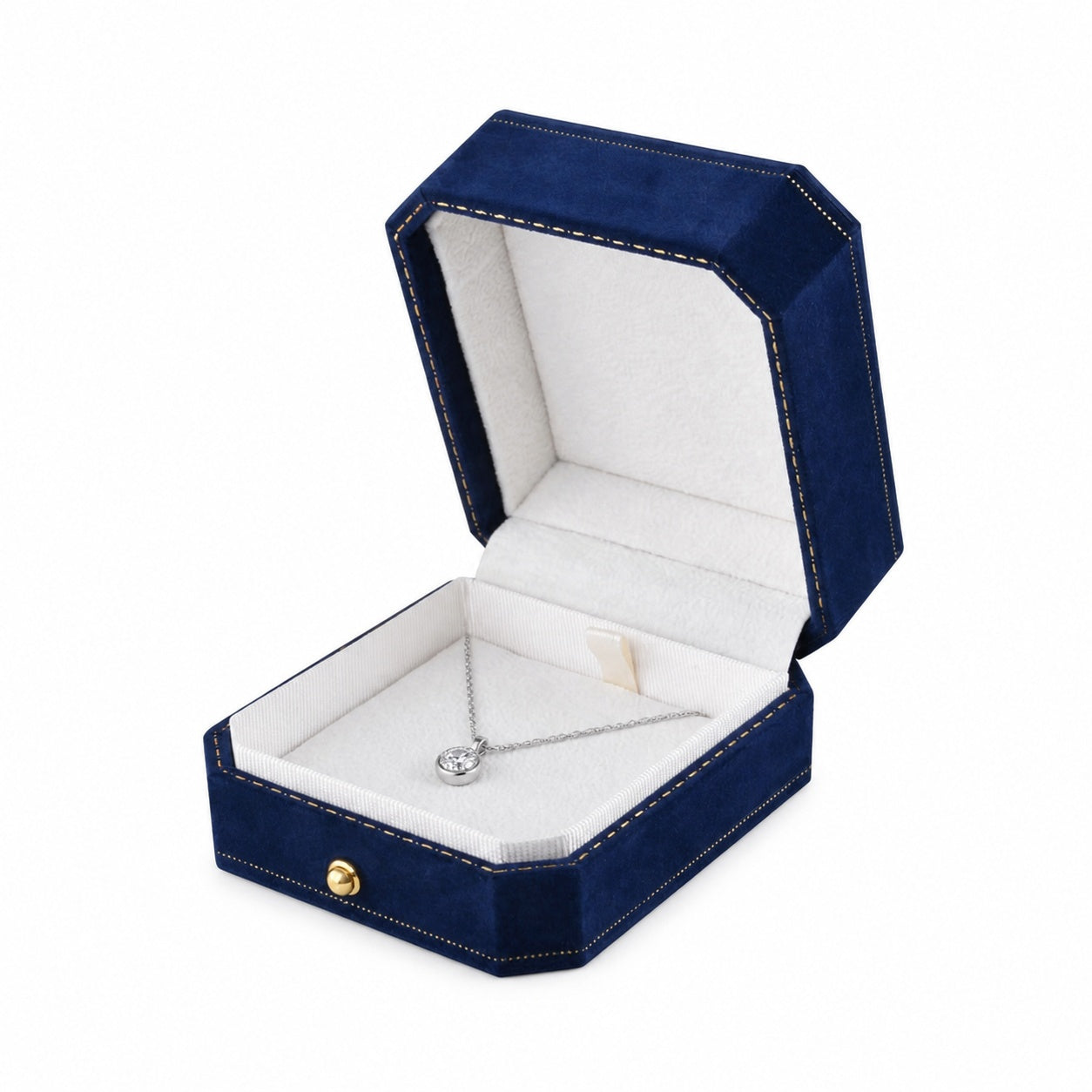 Blue Octagonal Velvet Pendant Boxes shown as one open box with jewelry display props