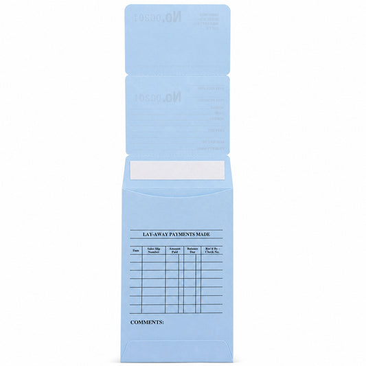 Blue repair and layaway envelope with payment record and storage pocket, back view