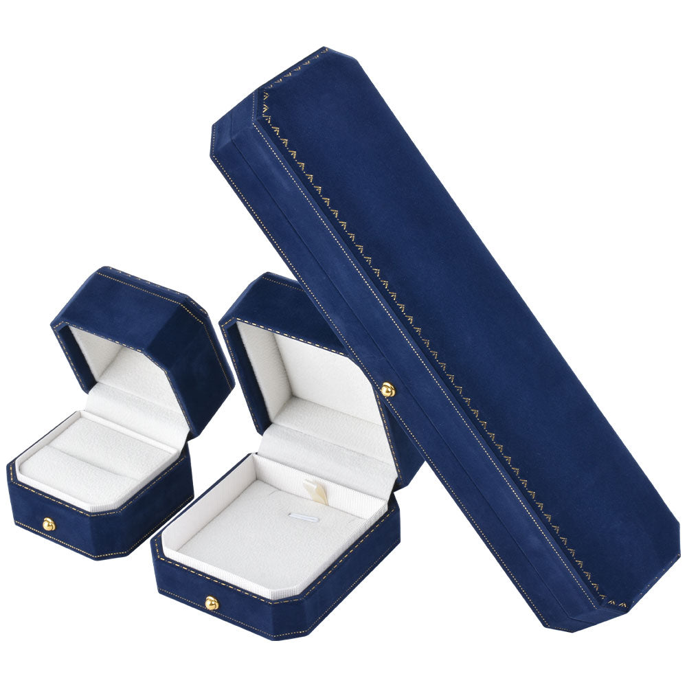 Blue velvet ring, pendant and bracelet box assortment, view 3