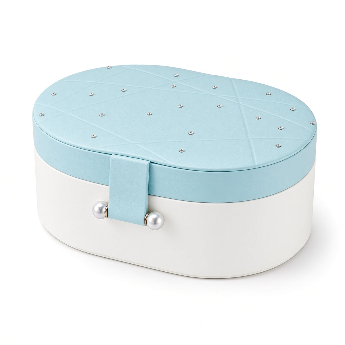 Blue and white oval jewelry case with embossed lid and pearl-style clasp