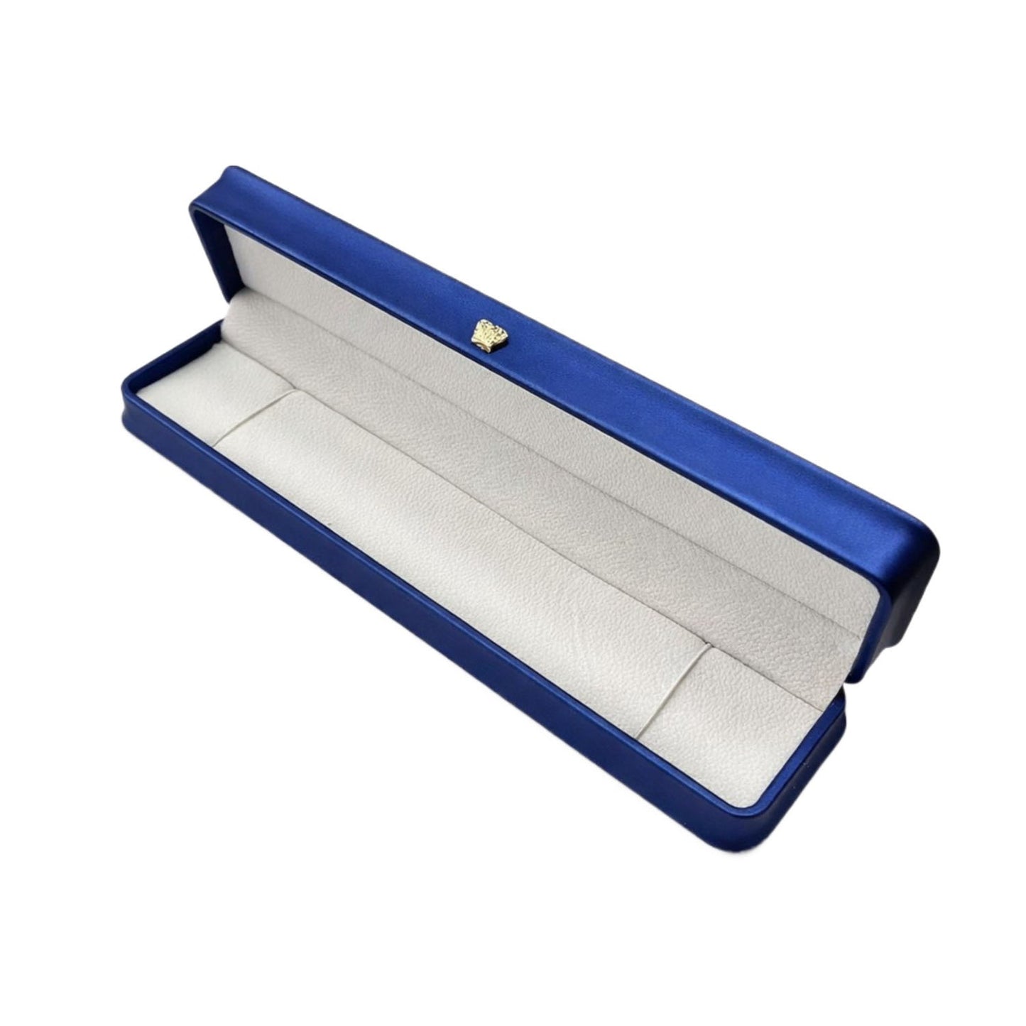 Open navy blue rounded bracelet box with an elongated light padded interior and gold-tone lid ornament.